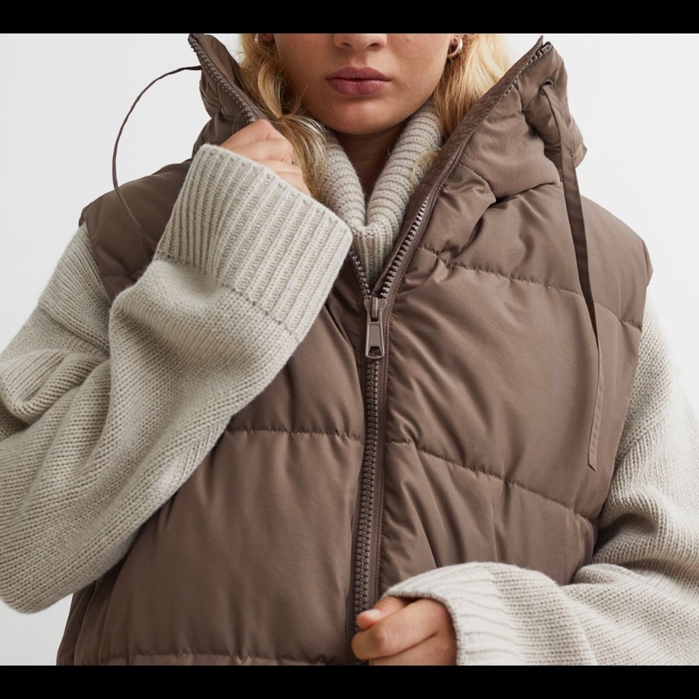 H&M Long Quilted Hooded Vest in Taupe Brown - Picture 3 of 6